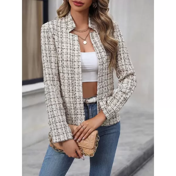 imagechouyatou Womens Fall Business Plaid Tweed Blazer Jacket Collarless Open Front Dressy Tweed Blazer SuitBeige