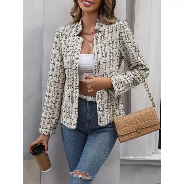 imagechouyatou Womens Fall Business Plaid Tweed Blazer Jacket Collarless Open Front Dressy Tweed Blazer SuitBeige