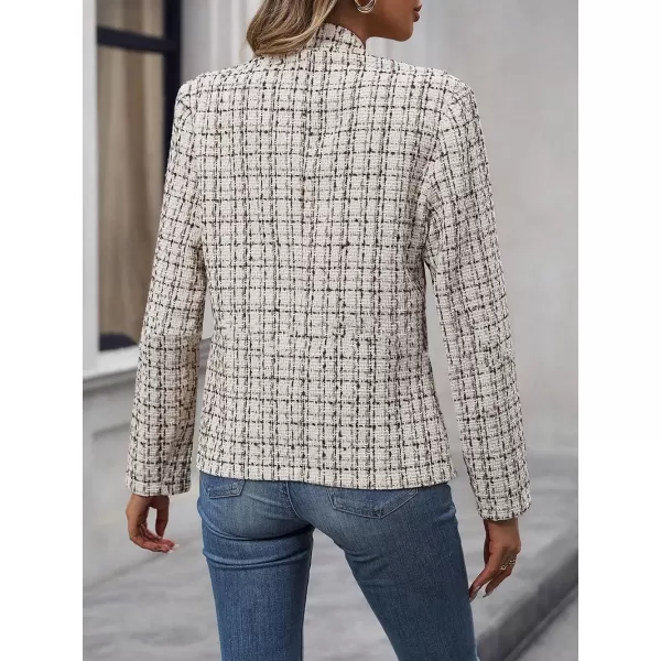 imagechouyatou Womens Fall Business Plaid Tweed Blazer Jacket Collarless Open Front Dressy Tweed Blazer SuitBeige
