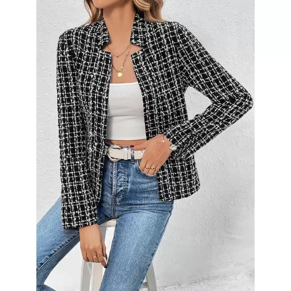 imagechouyatou Womens Fall Business Plaid Tweed Blazer Jacket Collarless Open Front Dressy Tweed Blazer SuitBlack