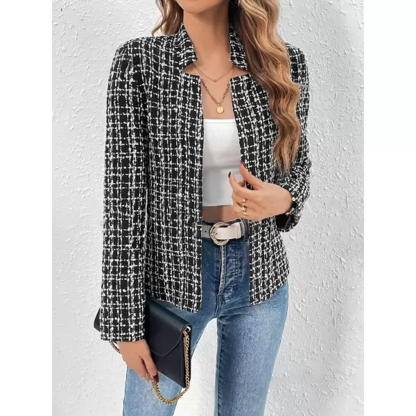 imagechouyatou Womens Fall Business Plaid Tweed Blazer Jacket Collarless Open Front Dressy Tweed Blazer SuitBlack