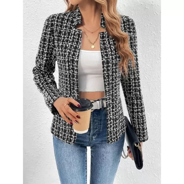 imagechouyatou Womens Fall Business Plaid Tweed Blazer Jacket Collarless Open Front Dressy Tweed Blazer SuitBlack