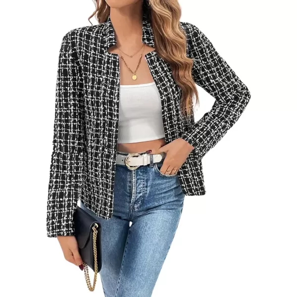 imagechouyatou Womens Fall Business Plaid Tweed Blazer Jacket Collarless Open Front Dressy Tweed Blazer SuitBlack
