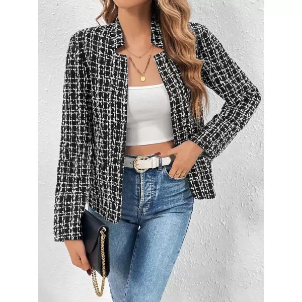 imagechouyatou Womens Fall Business Plaid Tweed Blazer Jacket Collarless Open Front Dressy Tweed Blazer SuitBlack