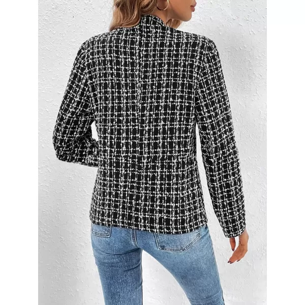 imagechouyatou Womens Fall Business Plaid Tweed Blazer Jacket Collarless Open Front Dressy Tweed Blazer SuitBlack