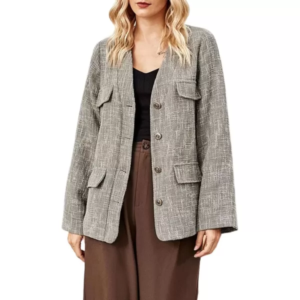 imagechouyatou Womens Fall Collarless Office Blazer Jacket Elegant Button Down Formal Tweed Suit BlazerGrey