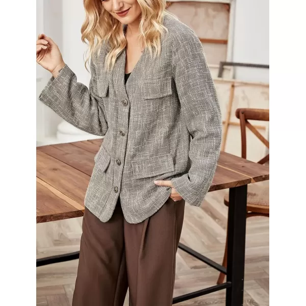 imagechouyatou Womens Fall Collarless Office Blazer Jacket Elegant Button Down Formal Tweed Suit BlazerGrey
