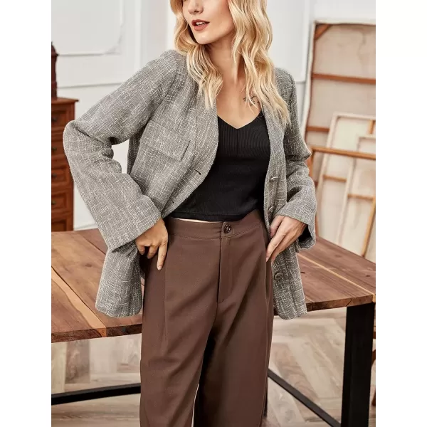 imagechouyatou Womens Fall Collarless Office Blazer Jacket Elegant Button Down Formal Tweed Suit BlazerGrey