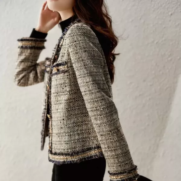 imagechouyatou Womens Fall Elegant Business Casual Tweed Blazer Work Jacket Tassel Raw Hem Open Front Suit TopDark Beige
