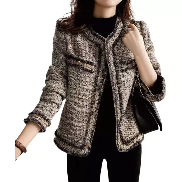 imagechouyatou Womens Fall Elegant Business Casual Tweed Blazer Work Jacket Tassel Raw Hem Open Front Suit TopDark Beige