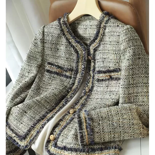 imagechouyatou Womens Fall Elegant Business Casual Tweed Blazer Work Jacket Tassel Raw Hem Open Front Suit TopDark Beige