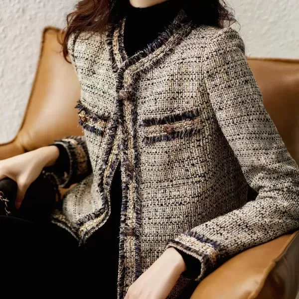 imagechouyatou Womens Fall Elegant Business Casual Tweed Blazer Work Jacket Tassel Raw Hem Open Front Suit TopDark Beige