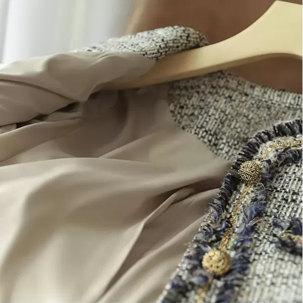 imagechouyatou Womens Fall Elegant Business Casual Tweed Blazer Work Jacket Tassel Raw Hem Open Front Suit TopDark Beige