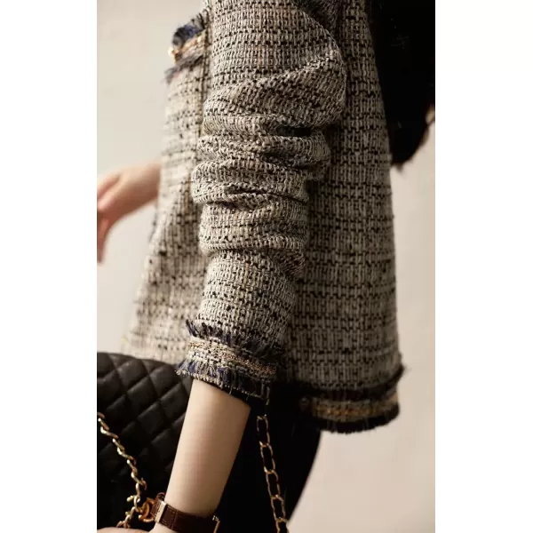 imagechouyatou Womens Fall Elegant Business Casual Tweed Blazer Work Jacket Tassel Raw Hem Open Front Suit TopDark Beige