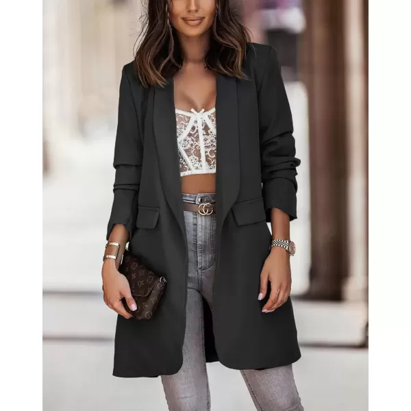 imagechouyatou Womens Fall Open Front Midi Long Blazer Jacket Shawl Collar Formal Office Work Trench CoatBlack