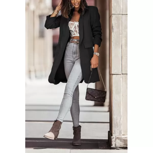 imagechouyatou Womens Fall Open Front Midi Long Blazer Jacket Shawl Collar Formal Office Work Trench CoatBlack