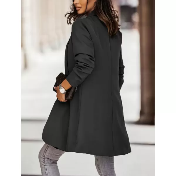 imagechouyatou Womens Fall Open Front Midi Long Blazer Jacket Shawl Collar Formal Office Work Trench CoatBlack