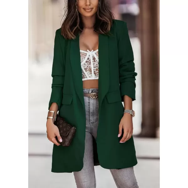 imagechouyatou Womens Fall Open Front Midi Long Blazer Jacket Shawl Collar Formal Office Work Trench CoatDark Green