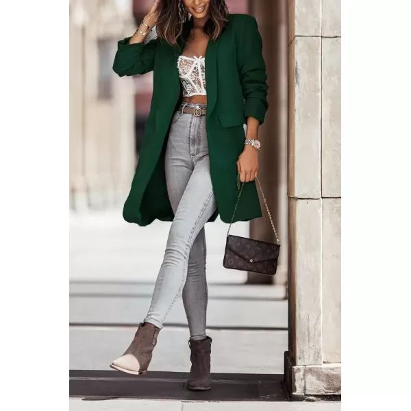 imagechouyatou Womens Fall Open Front Midi Long Blazer Jacket Shawl Collar Formal Office Work Trench CoatDark Green