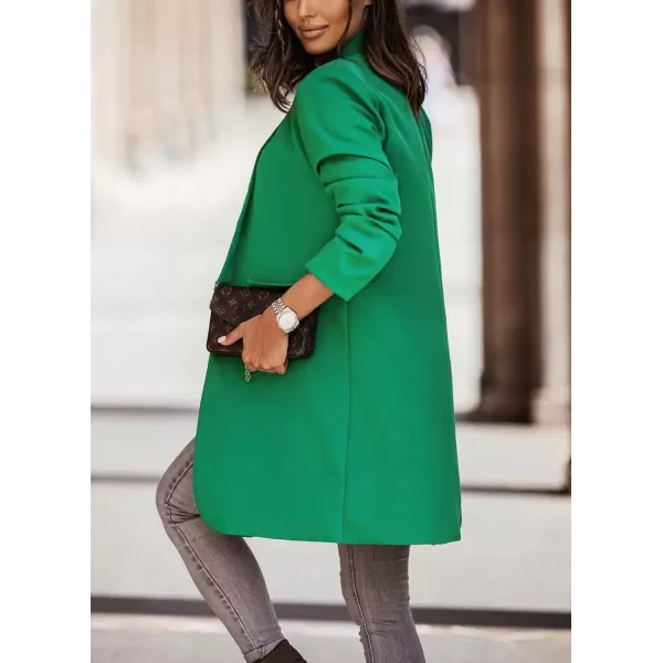 imagechouyatou Womens Fall Open Front Midi Long Blazer Jacket Shawl Collar Formal Office Work Trench CoatGreen