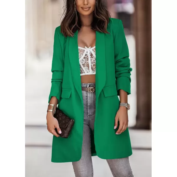 imagechouyatou Womens Fall Open Front Midi Long Blazer Jacket Shawl Collar Formal Office Work Trench CoatGreen