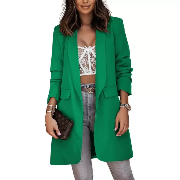 imagechouyatou Womens Fall Open Front Midi Long Blazer Jacket Shawl Collar Formal Office Work Trench CoatGreen