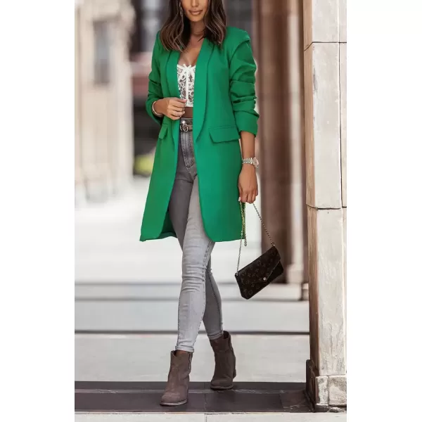imagechouyatou Womens Fall Open Front Midi Long Blazer Jacket Shawl Collar Formal Office Work Trench CoatGreen