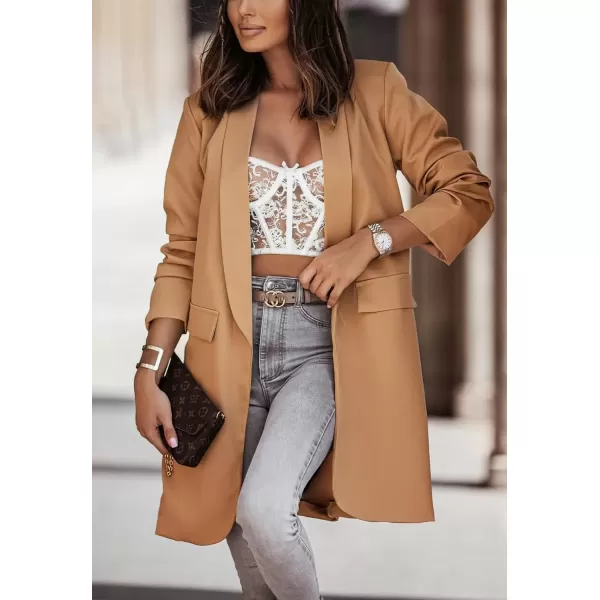 imagechouyatou Womens Fall Open Front Midi Long Blazer Jacket Shawl Collar Formal Office Work Trench CoatKhaki