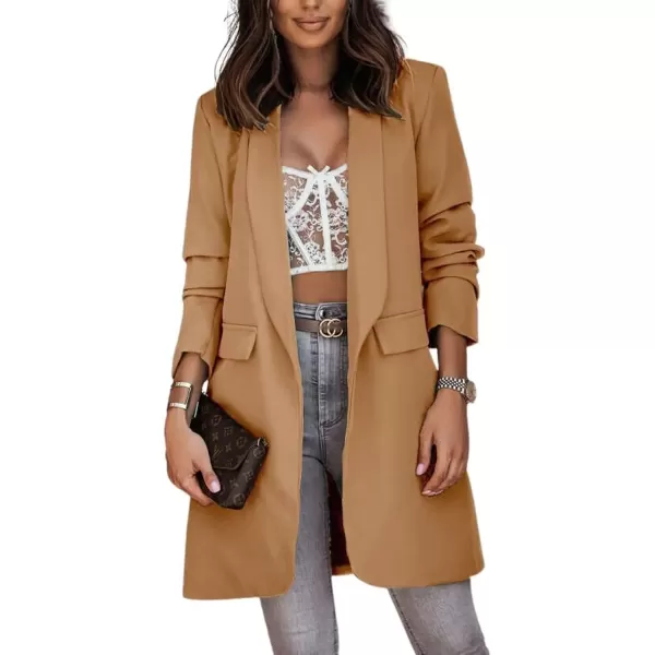 imagechouyatou Womens Fall Open Front Midi Long Blazer Jacket Shawl Collar Formal Office Work Trench CoatKhaki