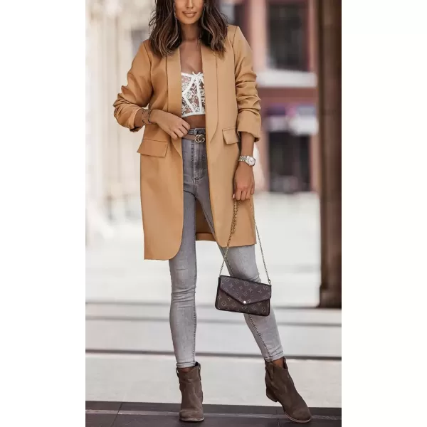 imagechouyatou Womens Fall Open Front Midi Long Blazer Jacket Shawl Collar Formal Office Work Trench CoatKhaki