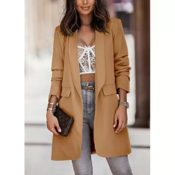 imagechouyatou Womens Fall Open Front Midi Long Blazer Jacket Shawl Collar Formal Office Work Trench CoatKhaki