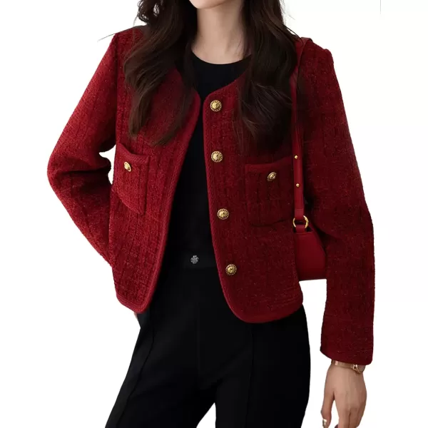 imagechouyatou Womens Fall Winter Elegant Tweed Blazer Jacket Collarless Button Down Coat Dressy Suit TopRed