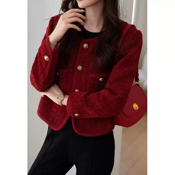 imagechouyatou Womens Fall Winter Elegant Tweed Blazer Jacket Collarless Button Down Coat Dressy Suit TopRed