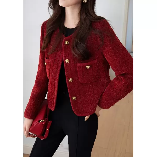 imagechouyatou Womens Fall Winter Elegant Tweed Blazer Jacket Collarless Button Down Coat Dressy Suit TopRed