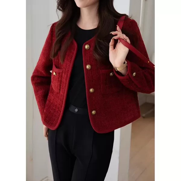 imagechouyatou Womens Fall Winter Elegant Tweed Blazer Jacket Collarless Button Down Coat Dressy Suit TopRed