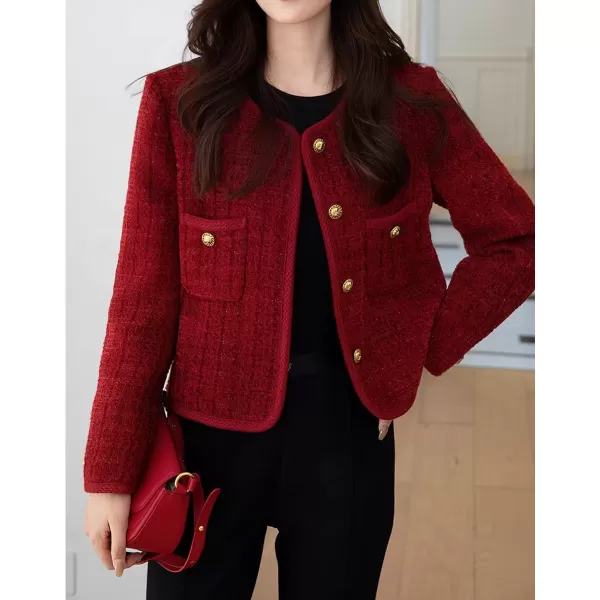 imagechouyatou Womens Fall Winter Elegant Tweed Blazer Jacket Collarless Button Down Coat Dressy Suit TopRed