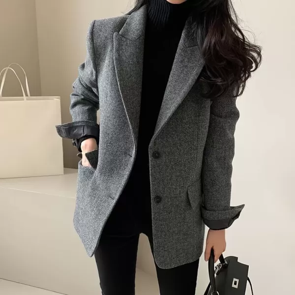 imagechouyatou Womens Fall Winter Wool Blend Casual Business Blazer Jacket Single Breasted Dressy Work CoatBlack