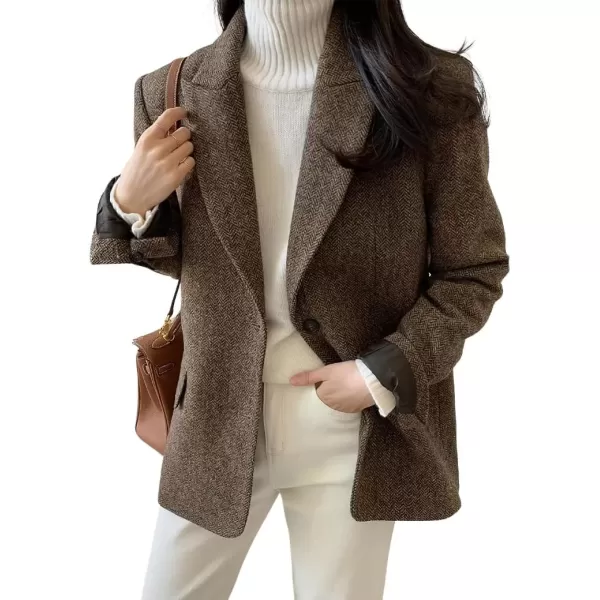imagechouyatou Womens Fall Winter Wool Blend Casual Business Blazer Jacket Single Breasted Dressy Work CoatBrown
