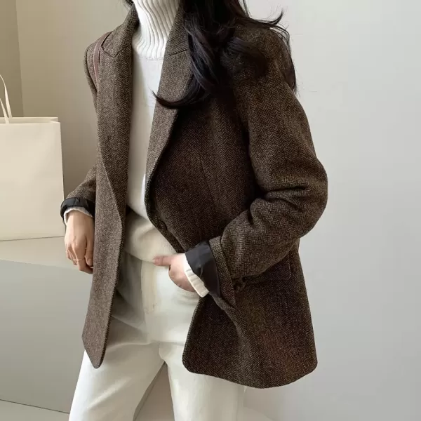 imagechouyatou Womens Fall Winter Wool Blend Casual Business Blazer Jacket Single Breasted Dressy Work CoatBrown