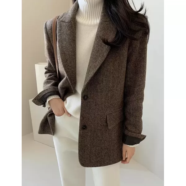 imagechouyatou Womens Fall Winter Wool Blend Casual Business Blazer Jacket Single Breasted Dressy Work CoatBrown