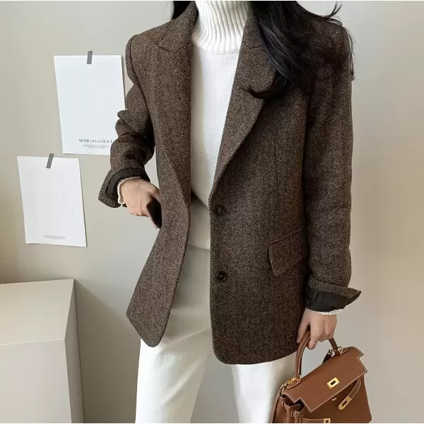 imagechouyatou Womens Fall Winter Wool Blend Casual Business Blazer Jacket Single Breasted Dressy Work CoatBrown