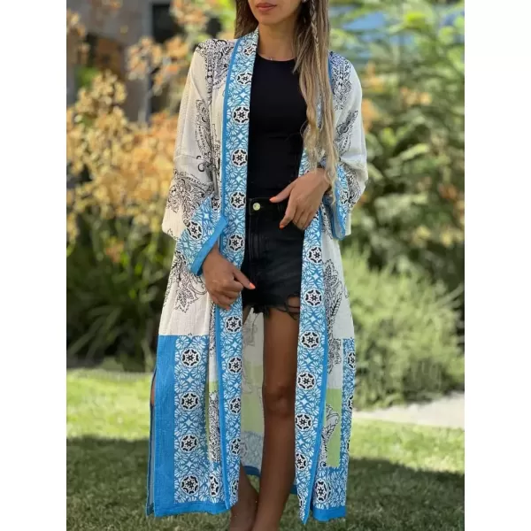 imagechouyatou Womens Floral Print Open Front Long Maxi Beach Cover Up Cardigan Shirt Tops with Side SlitBlue