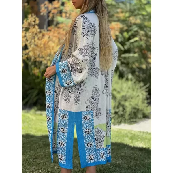 imagechouyatou Womens Floral Print Open Front Long Maxi Beach Cover Up Cardigan Shirt Tops with Side SlitBlue