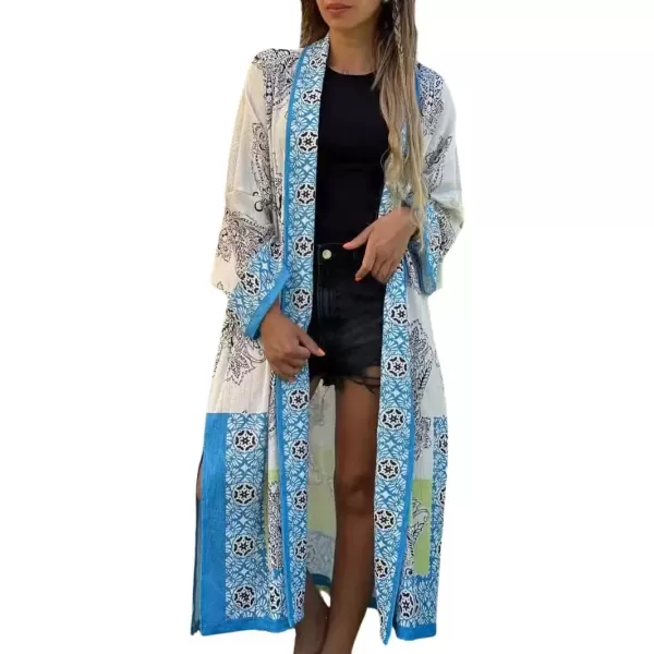 imagechouyatou Womens Floral Print Open Front Long Maxi Beach Cover Up Cardigan Shirt Tops with Side SlitBlue