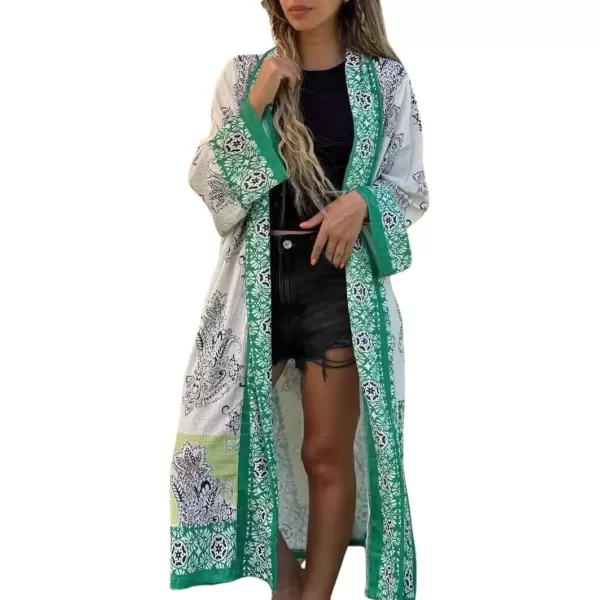 imagechouyatou Womens Floral Print Open Front Long Maxi Beach Cover Up Cardigan Shirt Tops with Side SlitGreen
