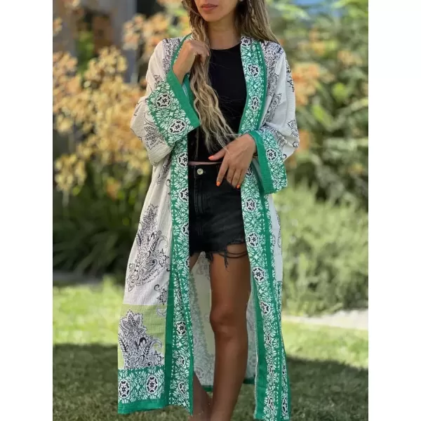imagechouyatou Womens Floral Print Open Front Long Maxi Beach Cover Up Cardigan Shirt Tops with Side SlitGreen