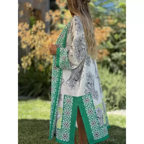 imagechouyatou Womens Floral Print Open Front Long Maxi Beach Cover Up Cardigan Shirt Tops with Side SlitGreen