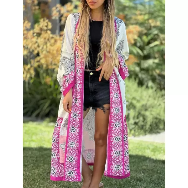 imagechouyatou Womens Floral Print Open Front Long Maxi Beach Cover Up Cardigan Shirt Tops with Side SlitRose Red
