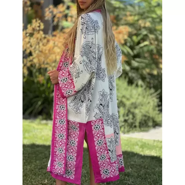 imagechouyatou Womens Floral Print Open Front Long Maxi Beach Cover Up Cardigan Shirt Tops with Side SlitRose Red