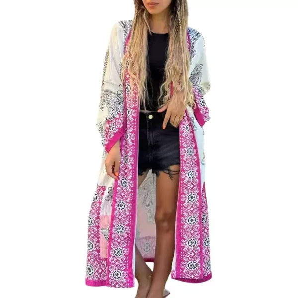 imagechouyatou Womens Floral Print Open Front Long Maxi Beach Cover Up Cardigan Shirt Tops with Side SlitRose Red